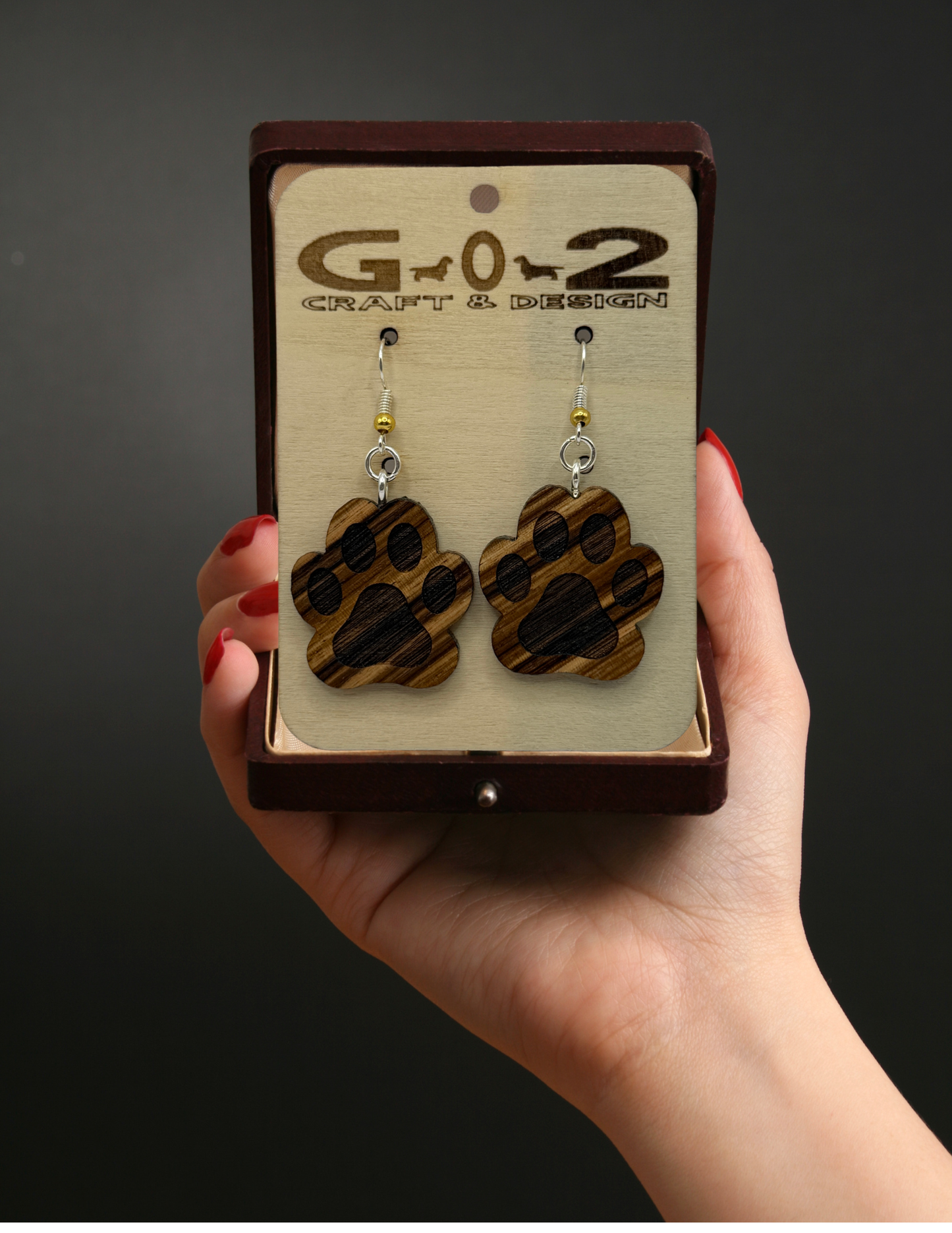 Zebra Wood Solid Paw Print Earrings