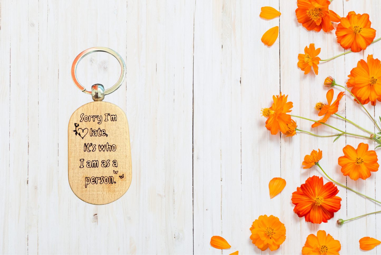 Wood keychain with humorous text
