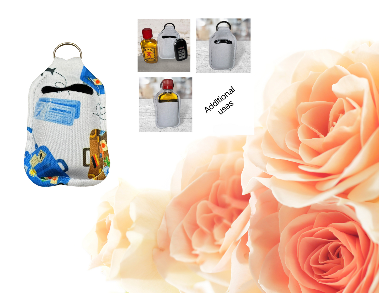 Hand sanitizer holder & photo of additional uses.