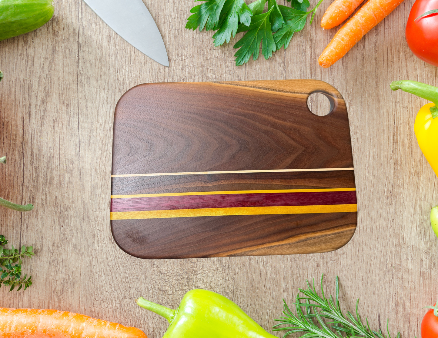 Walnut, Yellowheart, Maple & Purpleheart Cutting Board