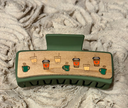 Hand Painted Laser Engraved Wood Claw Hair Clips