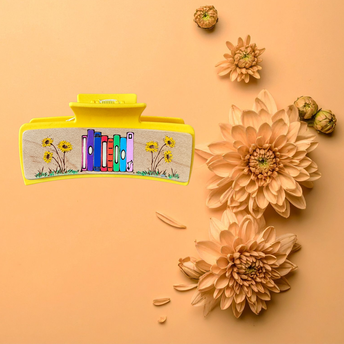 Hand Painted Laser Engraved Wood Claw Hair Clips