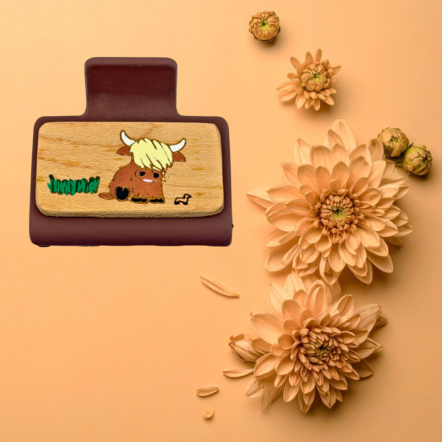 Small Hand Painted Laser Engraved Wood Claw Hair Clips