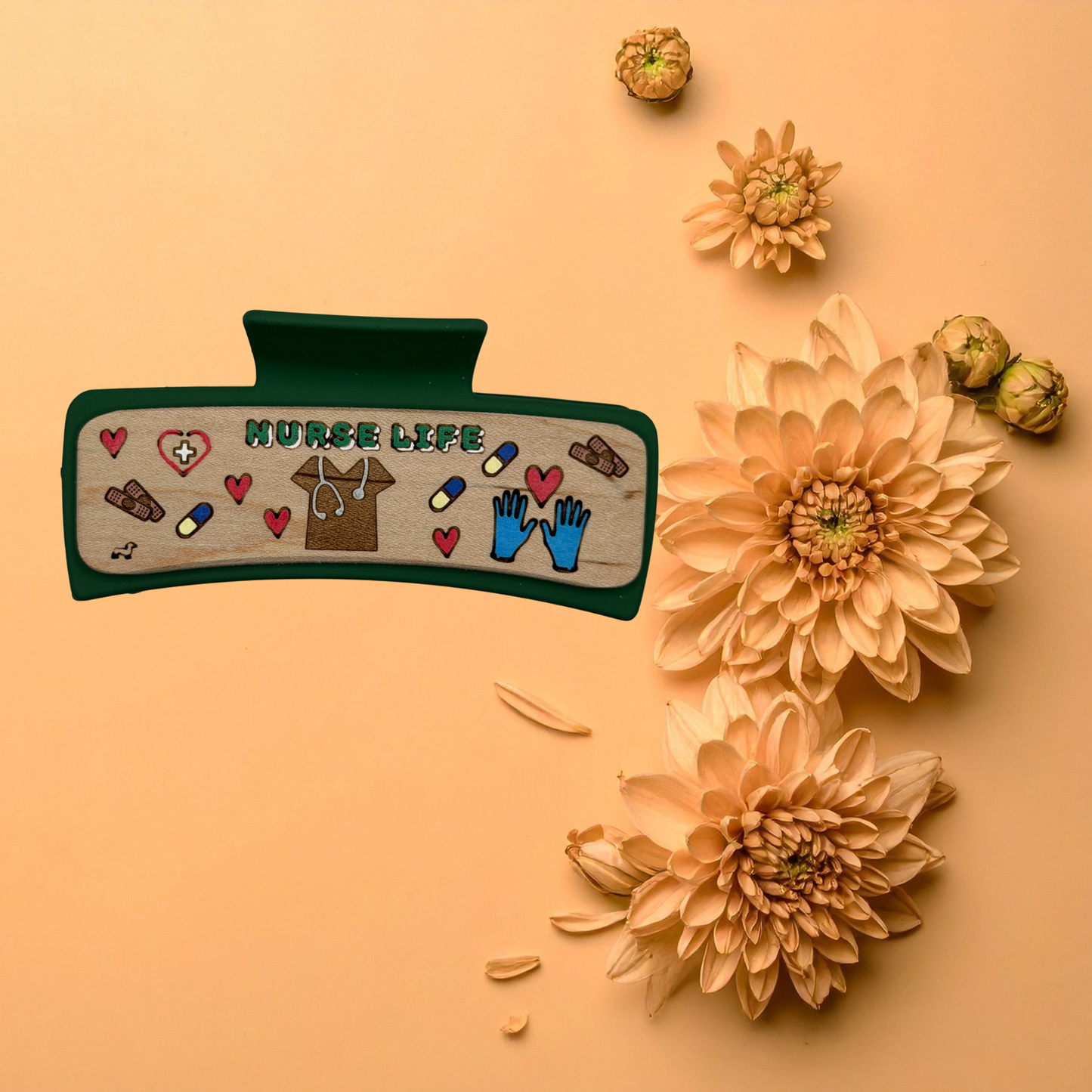 Hand Painted Laser Engraved Wood Claw Hair Clips