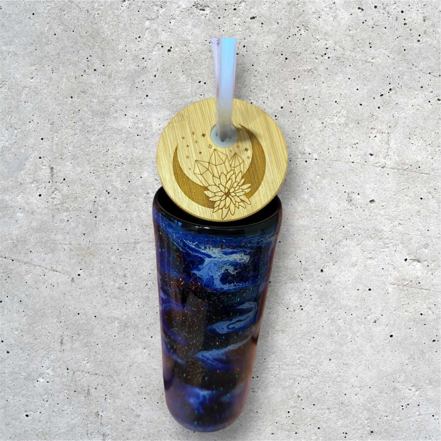 Blue, White, Black and Glitter 20 oz. Alcohol Ink Bamboo Lid Tumbler
