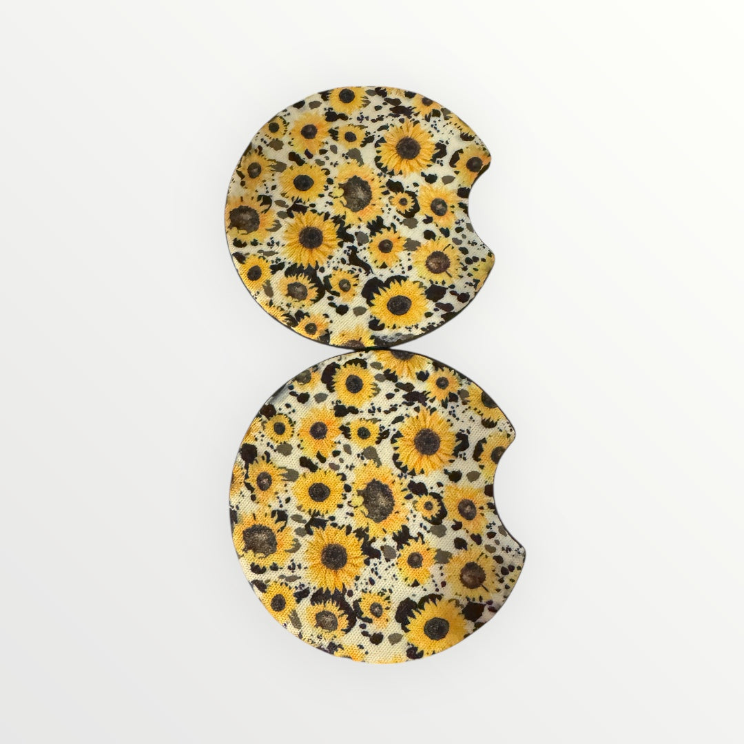Cow Print and Sunflower Print Car Coasters