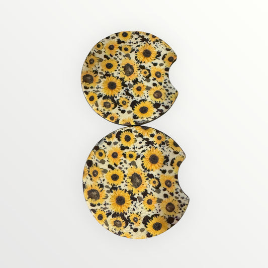 Cow Print and Sunflower Print Car Coasters