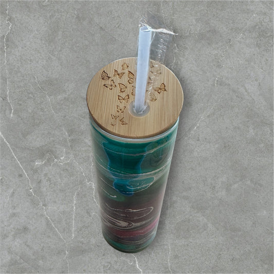 Blue, Green, purple, Magenta, turquoise with Silver 20 oz. Alcohol Ink Bamboo Lid Tumbler