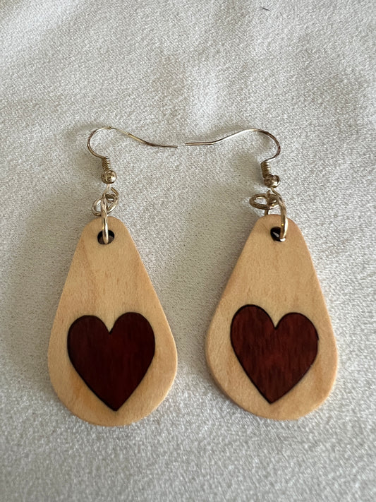Maple and Bloodwood two-tone heart Earrings.