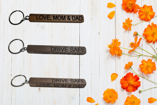 Drive Safe - Love Mom & Dad engraved text on keychain 