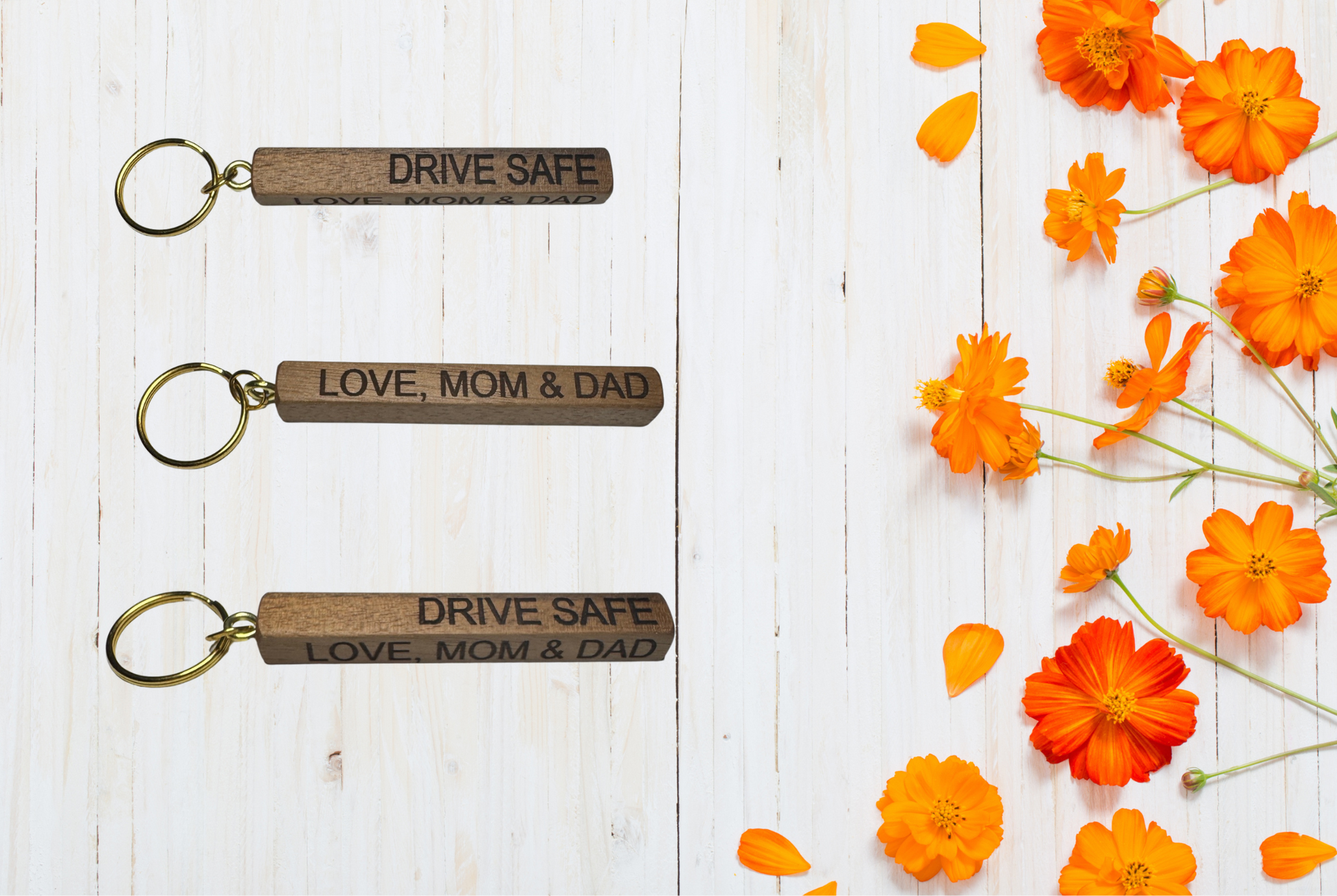 Wood keychain with humorous text 