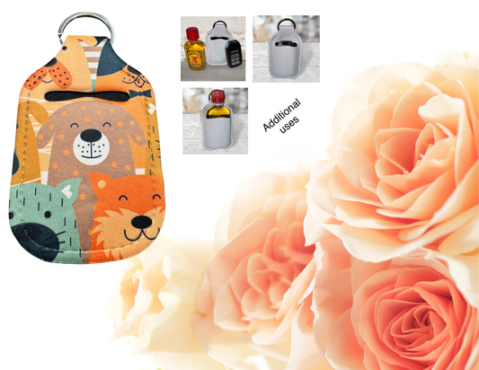 Hand sanitizer holder & photo of additional uses.