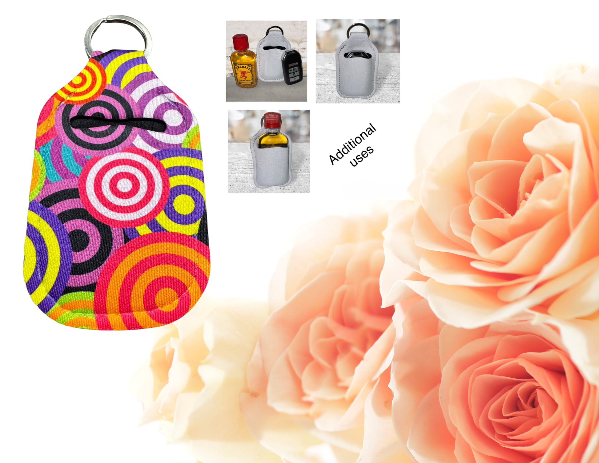 Hand sanitizer holder & photo of additional uses.