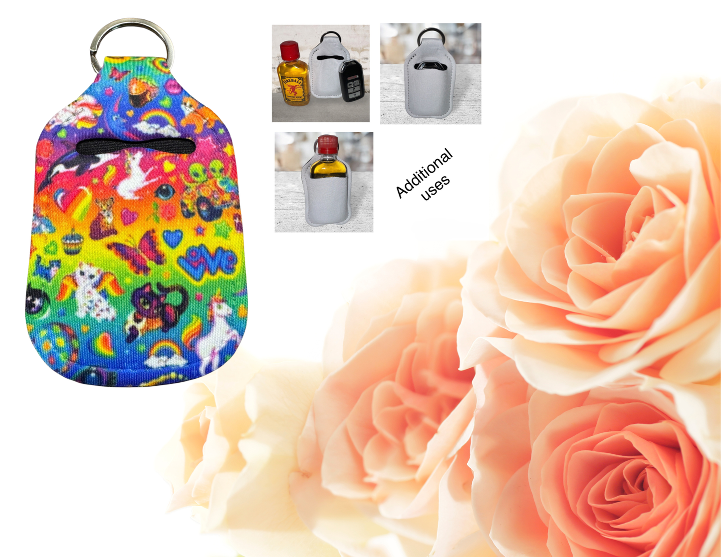 Hand sanitizer holder & photo of additional uses.