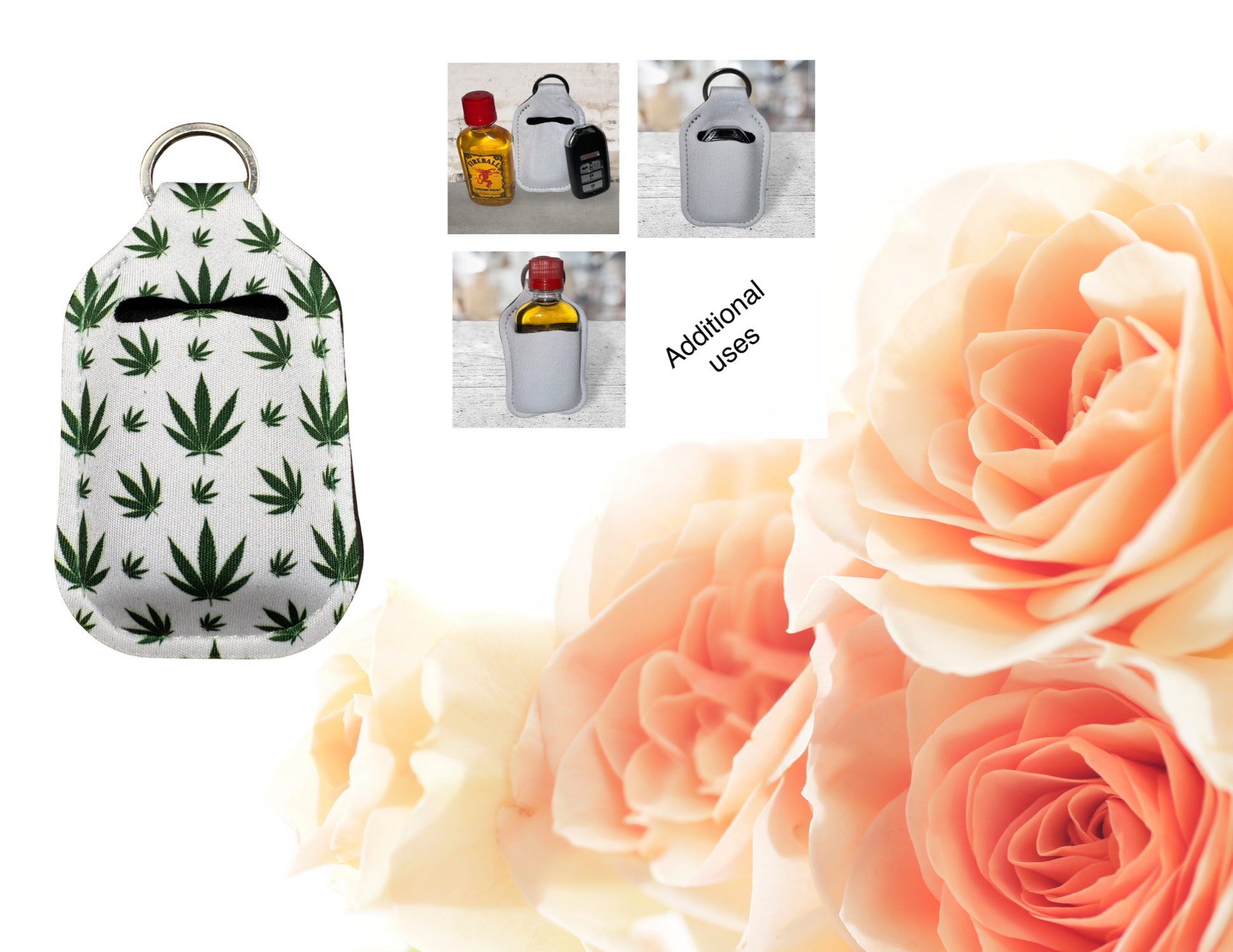 Hand sanitizer holder & photo of additional uses.