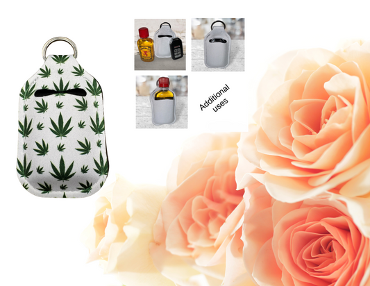 Hand sanitizer holder & photo of additional uses.
