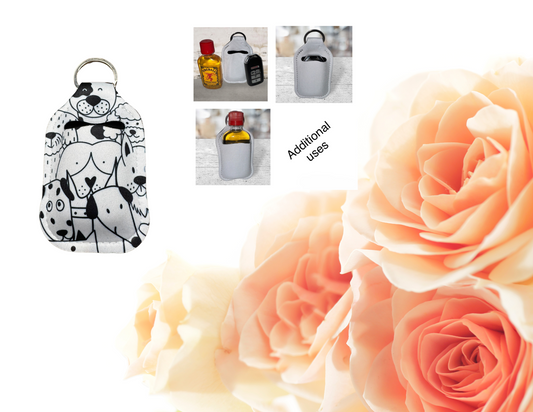 Hand sanitizer holder & photo of additional uses.
