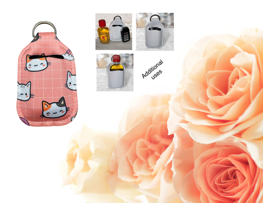Hand sanitizer holder & photo of additional uses.