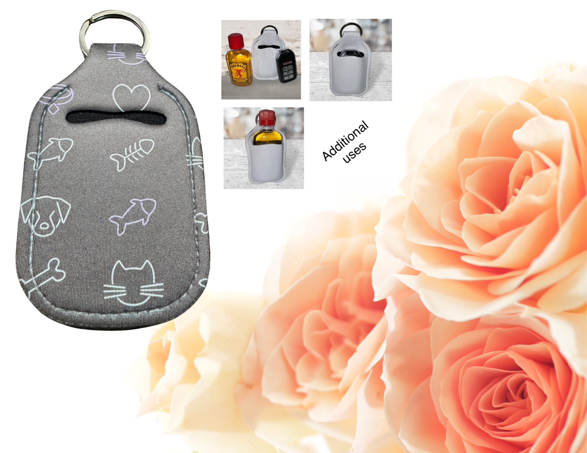 Hand sanitizer holder & photo of additional uses.