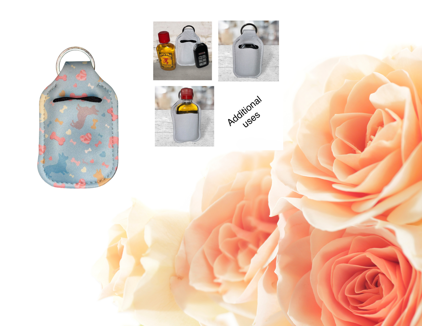 Hand sanitizer holder & photo of additional uses.