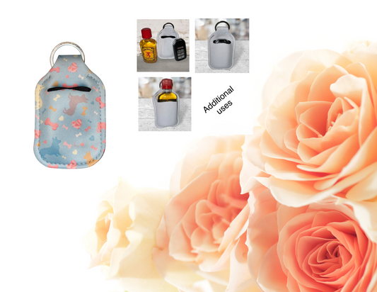 Hand sanitizer holder & photo of additional uses.