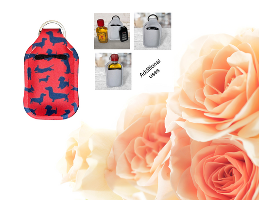 Hand sanitizer holder & photo of additional uses.
