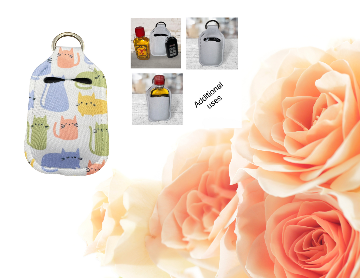 Hand sanitizer holder & photo of additional uses.