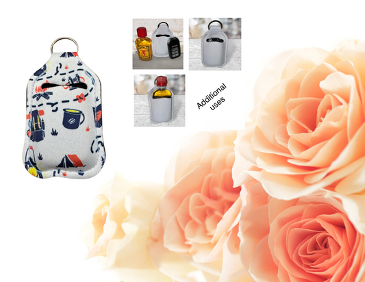 Hand sanitizer holder & photo of additional uses.