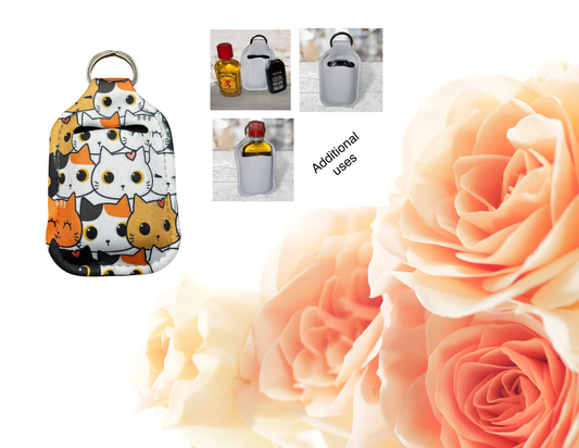 Hand sanitizer holder & photo of additional uses.
