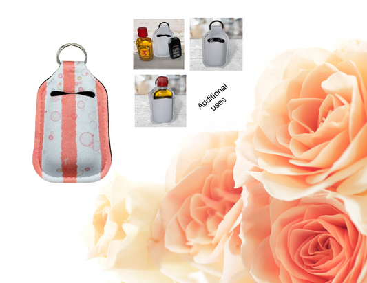 Hand sanitizer holder & photo of additional uses.