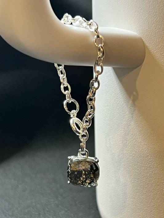 Black Iridescent & Silver Square Tumber Charm