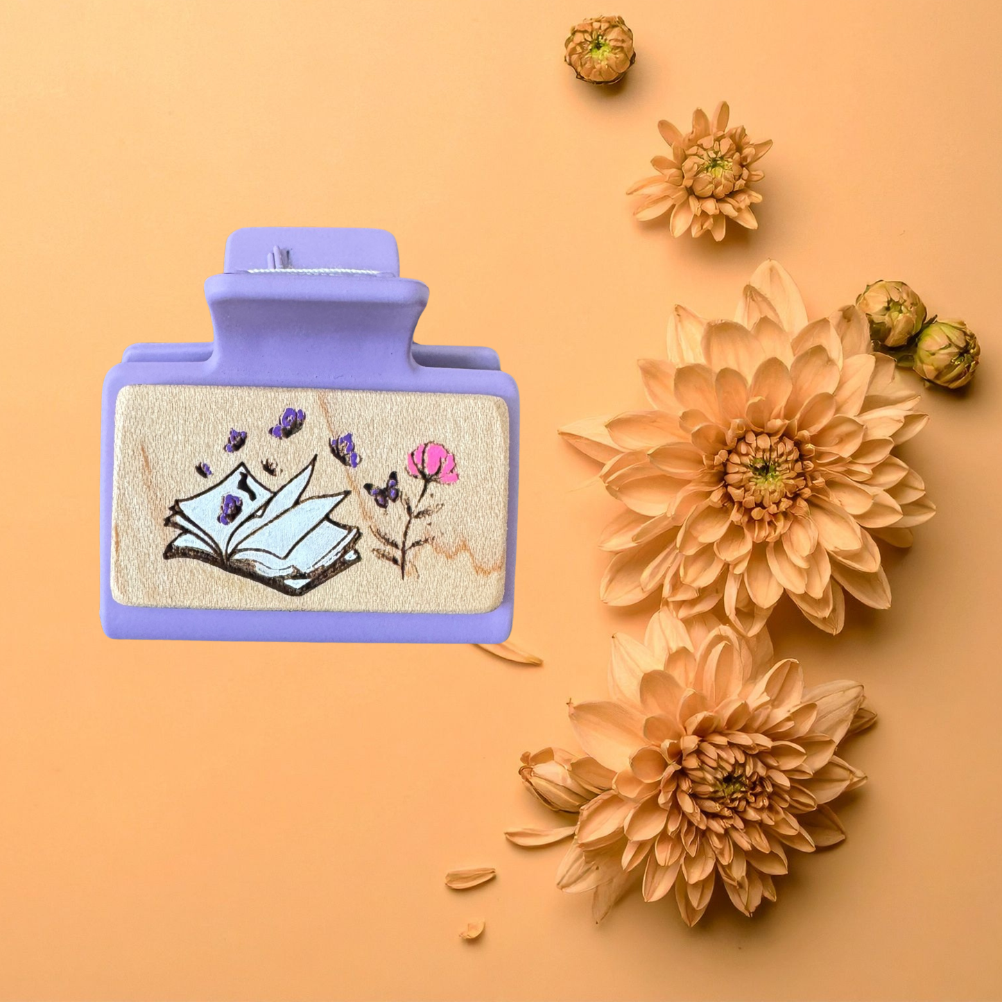 Small Hand Painted Laser Engraved Wood Claw Hair Clips