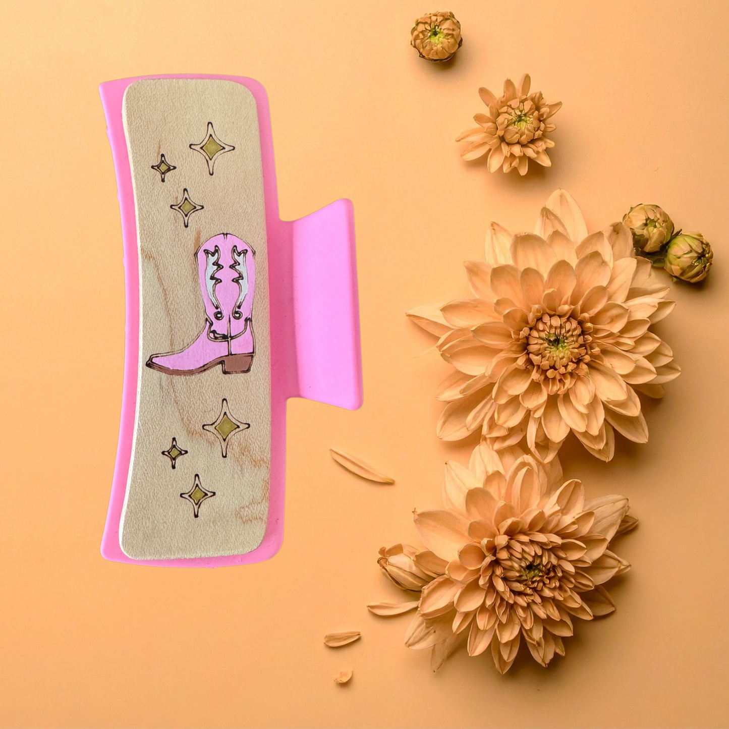 Hand Painted Laser Engraved Wood Claw Hair Clips