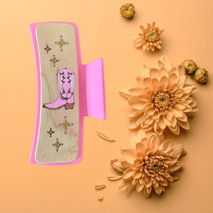 Hand Painted Laser Engraved Wood Claw Hair Clips